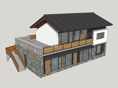 Two Story Traditional Modern Chinese House With Black Tile Roof Stone Wall And Wooden Balcony 3d model