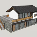 Two Story Traditional Modern Chinese House With Black Tile Roof Stone Wall And Wooden Balcony