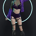 Woman In Purple Sequined Lingerie With Jacket And Black Fishnet Stockings By Glowing Ring