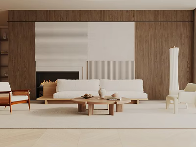 Modern Living Room With Wooden Walls Fireplace White Sofa Wooden Coffee Table And Accent Chairs 3d model