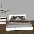 Modern Double Bed Interior With Upholstered Headboard Pillows Blanket Nightstand Green Plant And Pendant Lights