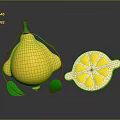 3D Rendered Whole Lemon with Green Vines Leaves and Sliced Half Showing Pulp