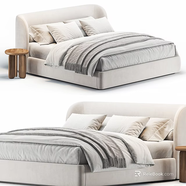 Elegant Modern Double Bed With Soft Pillows Cozy Blanket And Wooden Side Table 3d model 