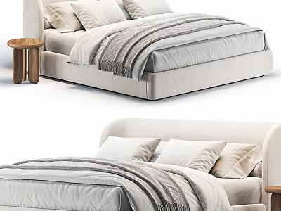 Elegant Modern Double Bed With Soft Pillows Cozy Blanket And Wooden Side Table 3d model