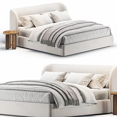 Elegant Modern Double Bed With Soft Pillows Cozy Blanket And Wooden Side Table 3d model