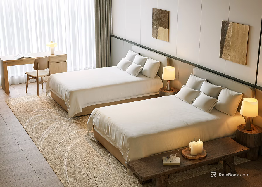 Hotel Guest Room Featuring Twin Beds White Linens Pillows Table Lamps And Decorative Paintings 3d model 