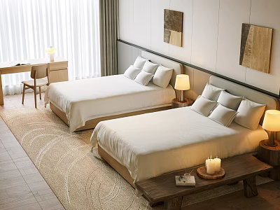 Hotel Guest Room Featuring Twin Beds White Linens Pillows Table Lamps And Decorative Paintings 3d model