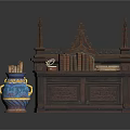 Antique Dark Wooden Cabinet With Carved Decorations Books Small Decor Colorful Vase And Wooden Sticks