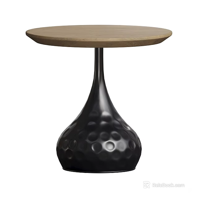 Modern Accent Side Table With Round Wooden Top And Black Textured Base 3d model 