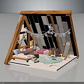 Cozy Tent Shaped Indoor Space Interior With Wooden Frame Bed Rug Table And Decorative Lights