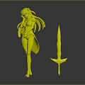 3D Render Of Blue Haired Girl Wearing Blue Outfit And Black Shorts With Blue Sword