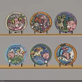 Colorful Cartoon Pattern Plates Arranged On Wooden Shelves For Decorative