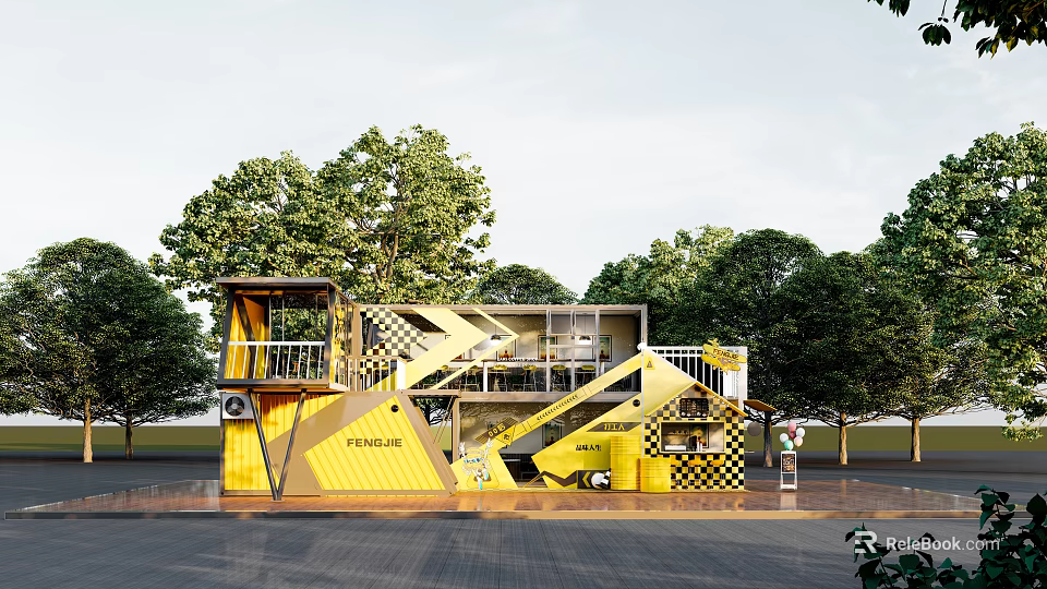 Yellow Multi Level Venice Container Building Exterior With Staircase Balcony And Trees 3d model 