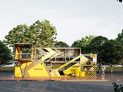 Yellow Multi Level Venice Container Building Exterior With Staircase Balcony And Trees 3d model