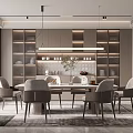 Elegant Modern Dining Room With Round Table Upholstered Chairs Hanging Lights And Wall Cabinets