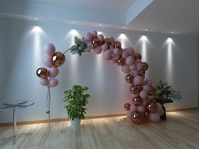 Pink And Gold Balloon Arch Decoration With Green Plants Wooden Floor White Walls And Lighting 3d model