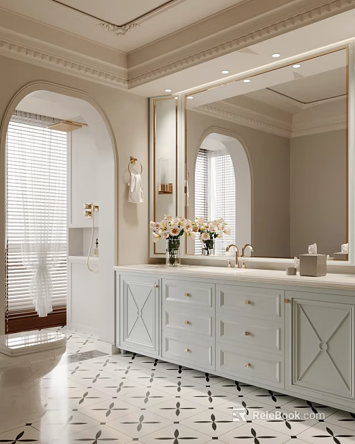 Elegant Bathroom Interior Design With Arched Mirror Double Vanity White Cabinets And Flowers 3d model 