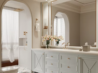 Elegant Bathroom Interior Design With Arched Mirror Double Vanity White Cabinets And Flowers 3d model