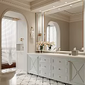Elegant Bathroom Interior Design With Arched Mirror Double Vanity White Cabinets And Flowers