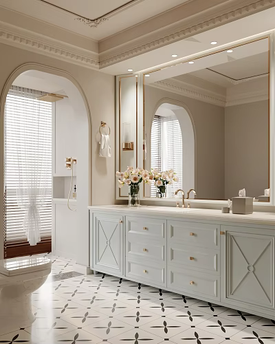 Elegant Bathroom Interior Design With Arched Mirror Double Vanity White Cabinets And Flowers 3d model
