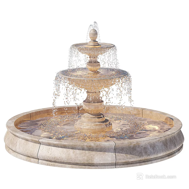 Elegant Three Tiered Stone Fountain With Cascading Water And Circular Basin 3d model 