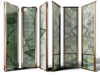 Elegant Modern Room Divider Screens With Green Leaf Pattern And Metal Frames 3d model