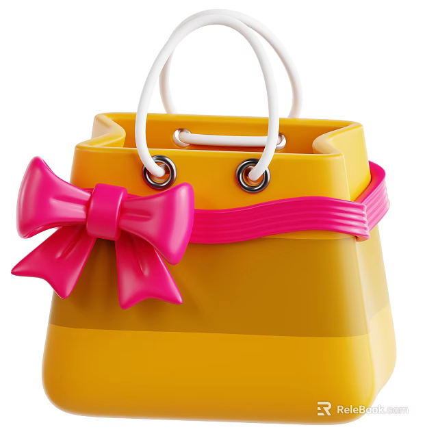 Decorative Ornament Set Featuring Yellow Bag With White Handles Pink Bow And Pink Decorative Band 3d model 