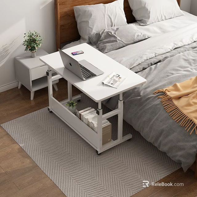 Mobile White Side Table in Bedroom with Laptop Magazine and Shelf Storage Wheels 3d model 