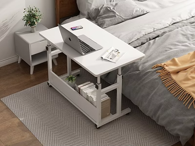 Mobile White Side Table in Bedroom with Laptop Magazine and Shelf Storage Wheels 3d model