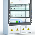 Laboratory Fume Hood With Transparent Glass Doors Shelves And Warning Signs With Green Blue Beakers