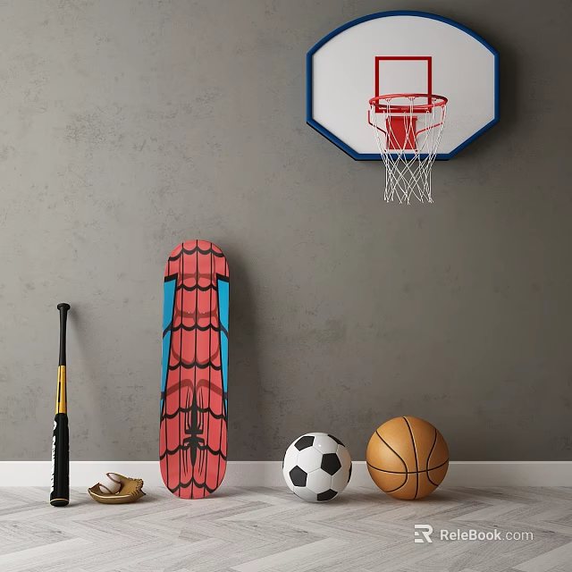 Indoor Sports Equipment With Basketball Hoop Skateboard Baseball Bat Soccer Ball Basketball And Sneakers 3d model 