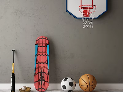 Indoor Sports Equipment With Basketball Hoop Skateboard Baseball Bat Soccer Ball Basketball And Sneakers 3d model