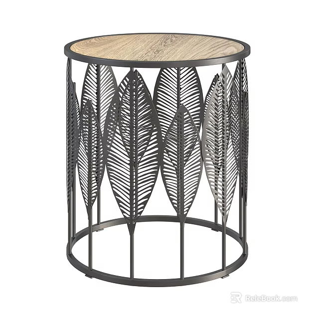 Round Side Table with Wooden Tabletop and Metal Frame Featuring Leaf Cutout Patterns 3d model 