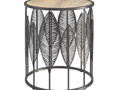 Round Side Table with Wooden Tabletop and Metal Frame Featuring Leaf Cutout Patterns 3d model
