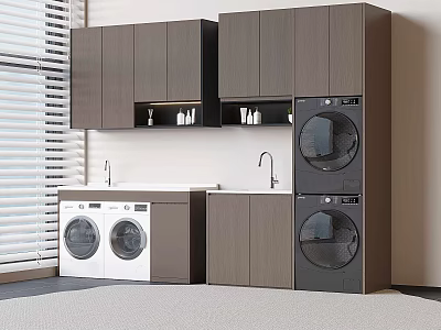 Modern Laundry Room Design With Stacked Washer Dryer Cabinets And Sink 3d model