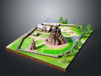 Detailed Architectural Model of Historical Building with Towers Enclosure Green Grass Trees and Ancillary Structures 3d model