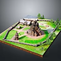 Detailed Architectural Model of Historical Building with Towers Enclosure Green Grass Trees and Ancillary Structures