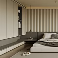 Modern Bedroom with Vertical Slat Wall Large Window Green View Grey Bed Linen Rug