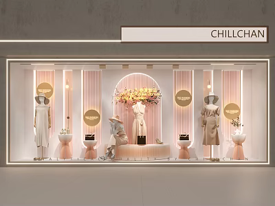 CHILLCHAN Shop Window Display With Mannequins Clothing Pink White Striped Background Gold Circular Decorations 3d model