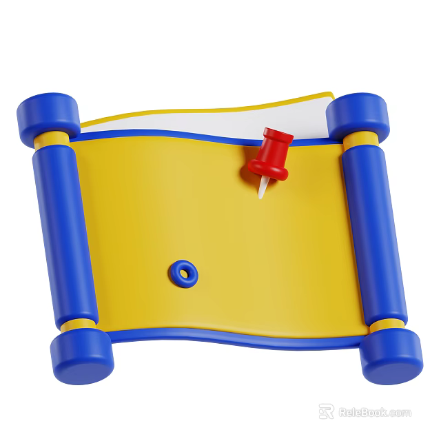 Unique Abstract Painting Featuring Yellow Scroll Blue Rods Red Pushpin And Blue Circular Hole 3d model 