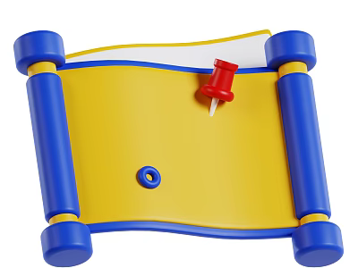 Unique Abstract Painting Featuring Yellow Scroll Blue Rods Red Pushpin And Blue Circular Hole 3d model