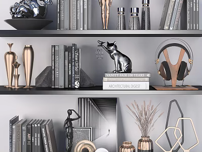 Stylish Decorative Ornaments Combination with Metal Vases Black Cat Figurine Headphones Geometric Decor on Bookshelf 3d model