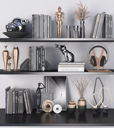 Stylish Decorative Ornaments Combination with Metal Vases Black Cat Figurine Headphones Geometric Decor on Bookshelf 3d model
