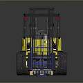 Industrial Logistics Equipment Featuring Yellow Forklift Pallet Truck Blue Hand Truck And Orange Crate