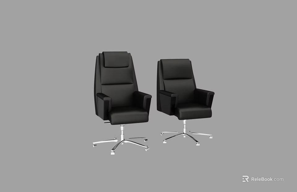 Two Black Office Chairs with High Backrest Armrests and Silver Five Star Casters 3d model 