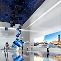 Modern Exhibition Hall Interior With Innovation Impression Blue Geometric Decor And Cityscape Screen