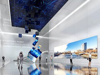 Modern Exhibition Hall Interior With Innovation Impression Blue Geometric Decor And Cityscape Screen 3d model