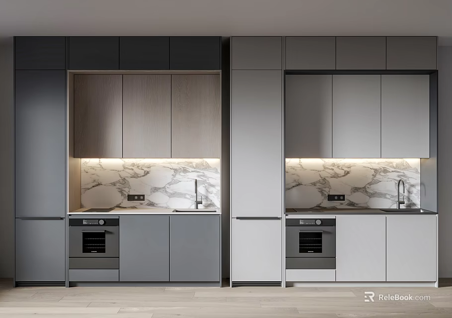 Modern Kitchen Design With Gray Cabinets Wooden Accents And Marble Countertops 3d model 