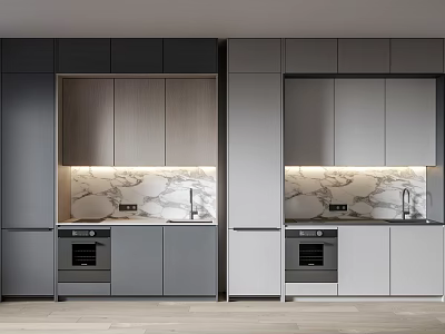 Modern Kitchen Design With Gray Cabinets Wooden Accents And Marble Countertops 3d model