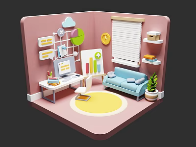 Cartoon Room Interior With Pink Walls Blue Sofa Desk Yellow Rug Cloud Decor And Plant 3d model